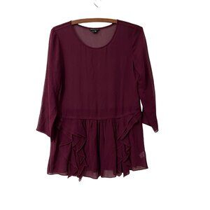Theory Wine Burgundy Rinoda Chiffon Silk Ruffle 3/4 Sleeve Blouse Top Size Small